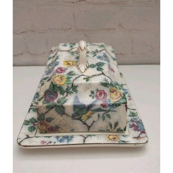 Royal Tudor Ware Barker Bros England Covered Butter Dish Bluebirds & Flowers - Picture 3 of 12